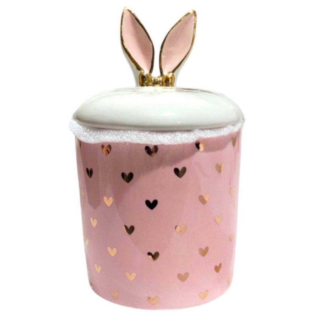 SEEKING LARGE Pink Easter Bunny Canister With Gold Hearts & Bunny Ears on lid